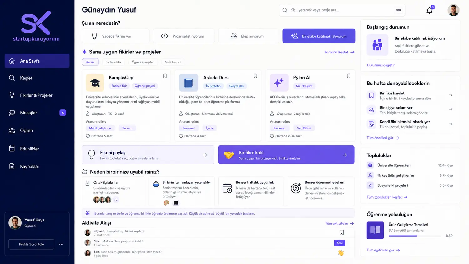 Startupkuruyorum fikir ve proje eşleştirme ana paneli