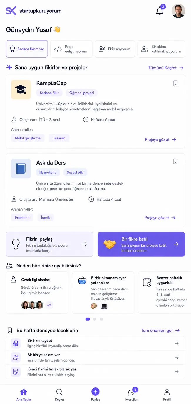 Startupkuruyorum mobil ana paneli