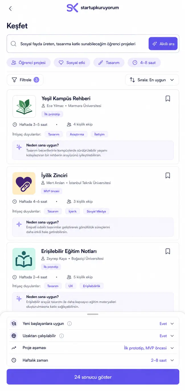 Mobil doğal dille proje keşif ekranı